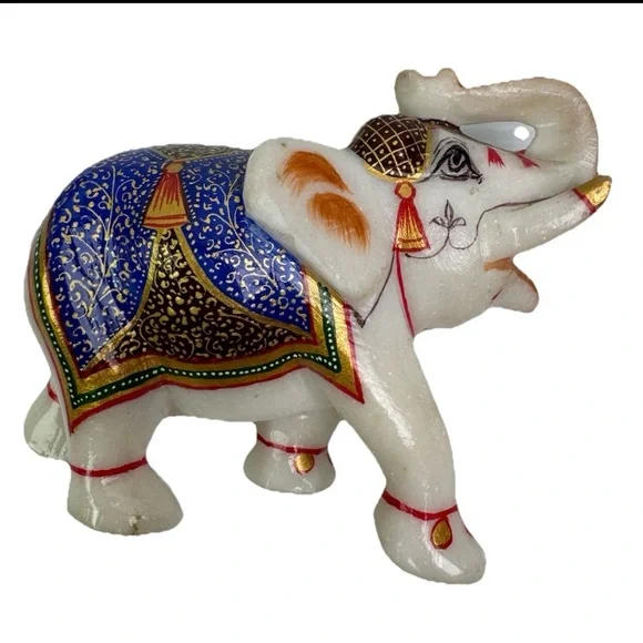 VTG White Marble Trunk Up Stone Hand Painted Elephant StatueHome Decor Gift